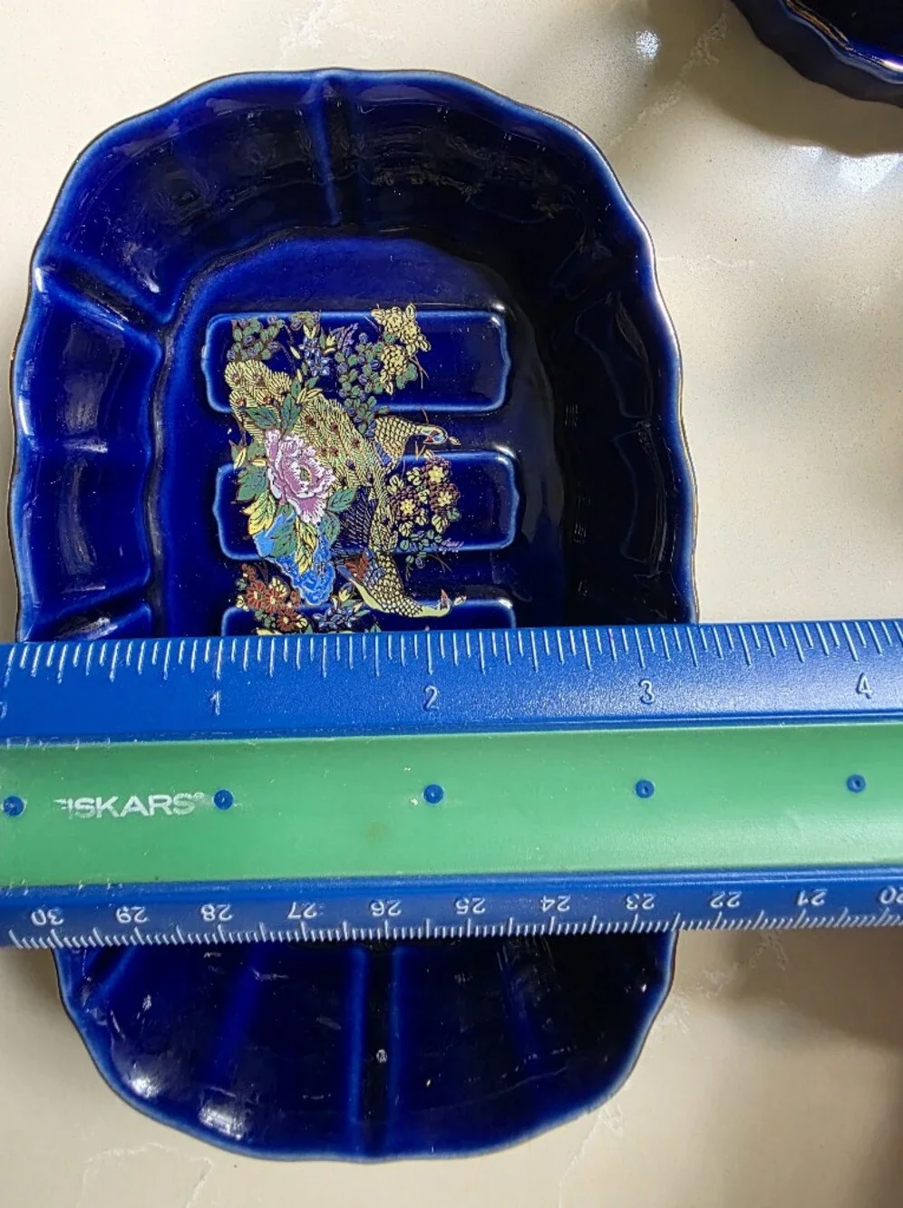 VIntage JAPANESE THREE PEICE Cobalt Blue PEACOCK & Floral Porcelain BATHROOM Set